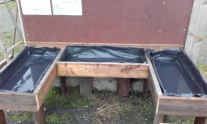 raised wooden bed on three sides with plastic cover 
