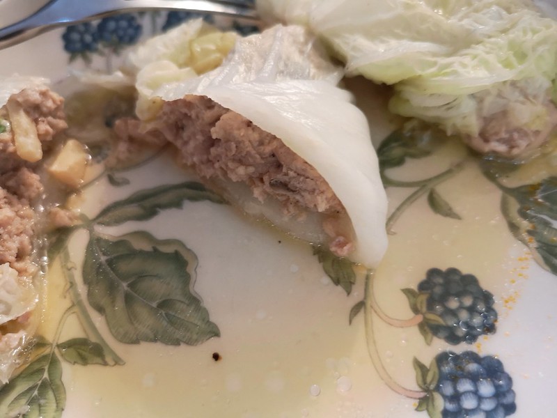 sliced cabbage roll showing mince meat