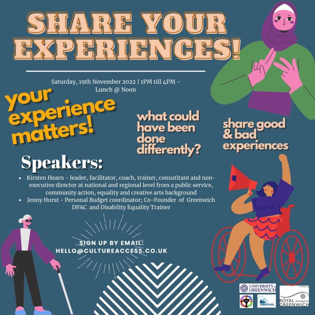 Figure images in flyer - top right, woman with purple head dress doing sign language, woman in red wheelchair with megaphone and hand raised, bottom left, person with bun, sunglasses with white cane.
