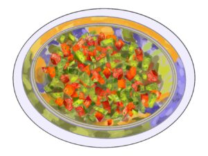 Colourful dish with red and green cut up salad pieves