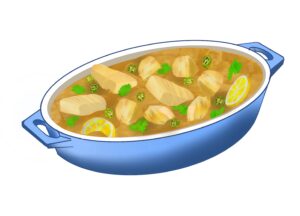 chicken pieces in curry sauce and green bits in a blue pot.