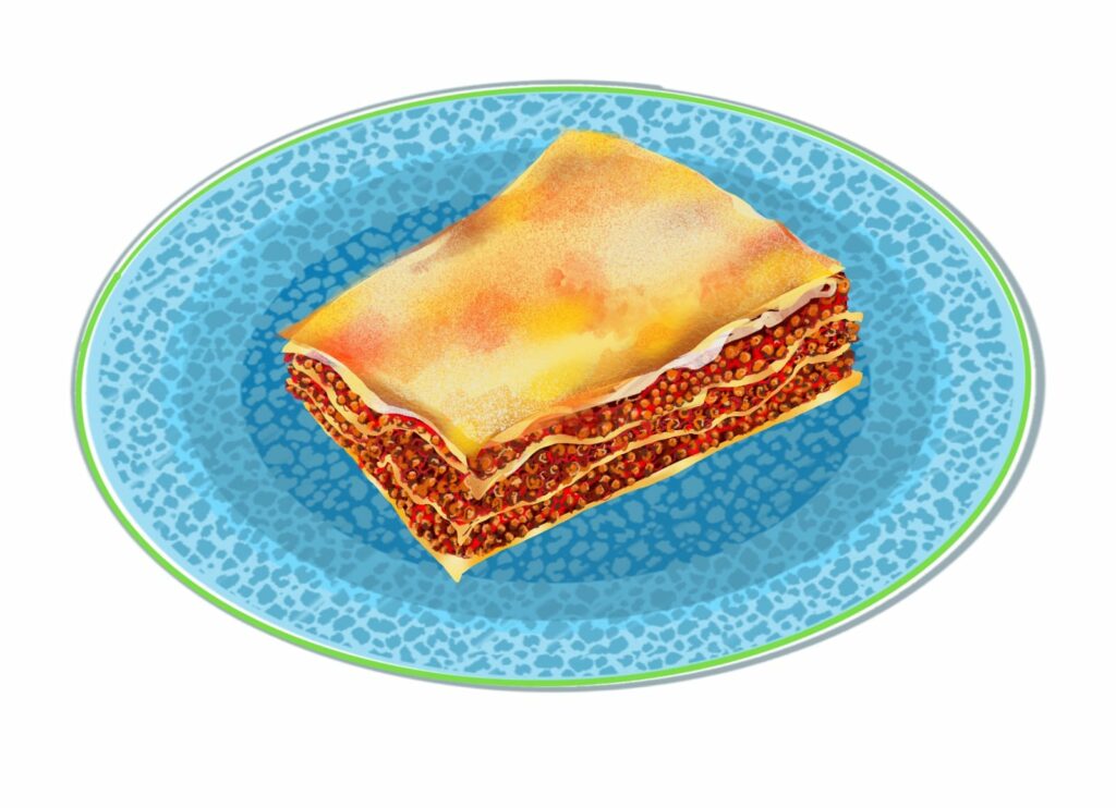 golden lasagna with reddish filling on a blue spotted plate