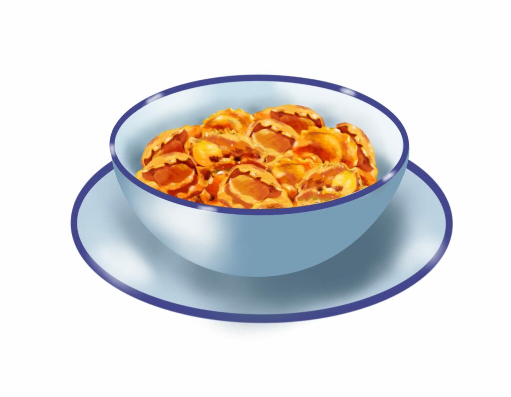 dish of tortellini with tomato soup in white dish with blue rim and similar saucer