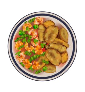 A round blue edged plate with fried plantains, prawns in a sauce and green bits
