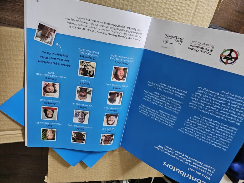 recipe booklets (blue and white with logos) and photos and text of contributors